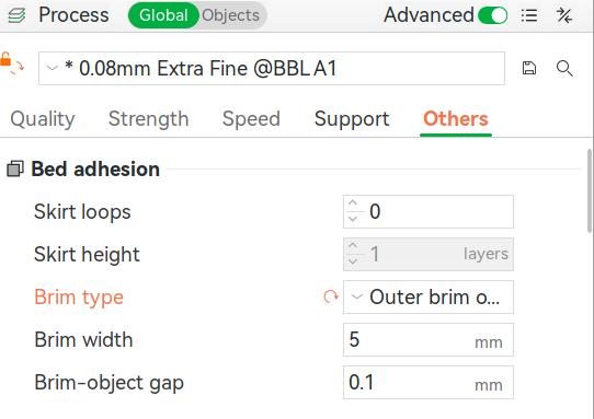Bambu Studio screenshot showing the Others tab with Brim settings